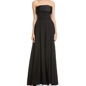 Brandon Maxwell Black Strapless Wide Leg Jumpsuit Gown Satin Trimmed Crepe